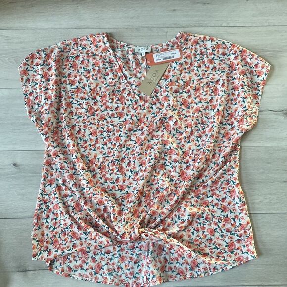 ACOA Collection Floral Woven S/S‎ Twist Front Top Pink/Blue XL Nwt - Picture 2 of 4